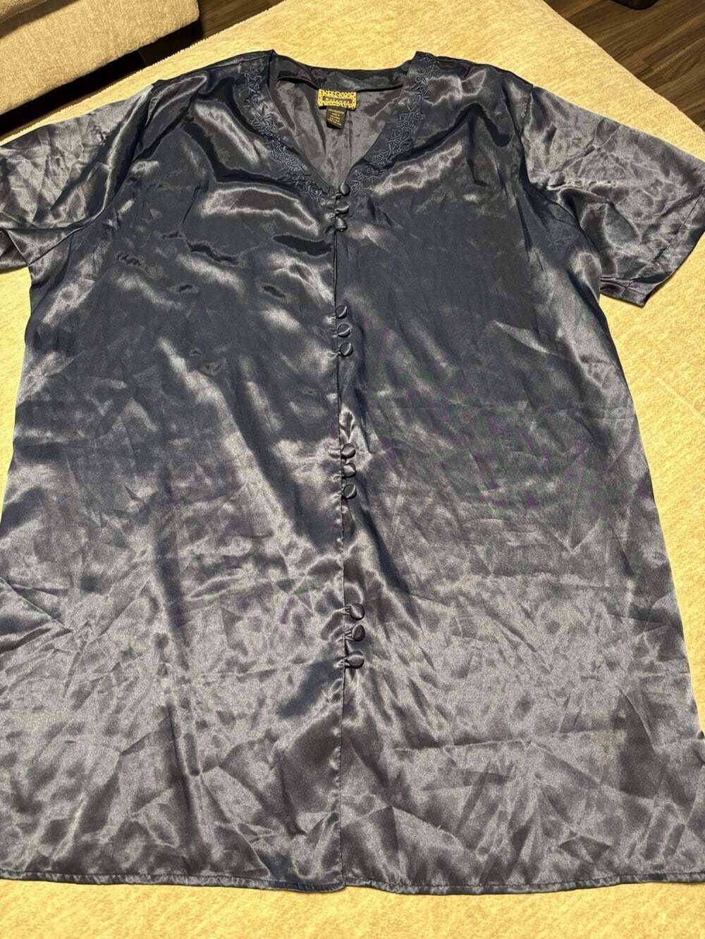 Vintage Solange Glossy Navy Blue Satin Sleep Shirt Nightgown Plus 22/24